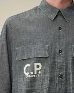 Homme C.P. Company Chemises^Chambray Long Sleeved Logo Shirt