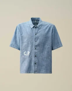 Homme C.P. Company Chemises^Chambray Short Sleeved Logo Shirt