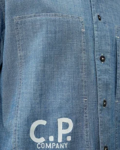 Homme C.P. Company Chemises^Chambray Short Sleeved Logo Shirt